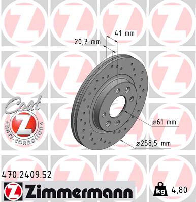 ZIMMERMANN Bremseskive 470240952 foraksel perforeret 259mm 21mm for NISSAN RENAULT DACIA