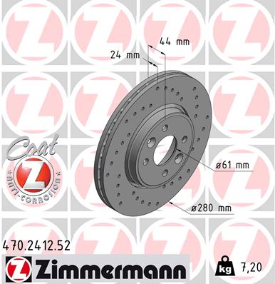 ZIMMERMANN Bremseskive 470241252 foraksel perforeret 280mm 24mm for RENAULT