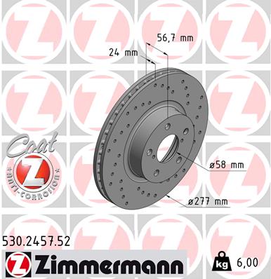 ZIMMERMANN Bremseskive 530245752 foraksel perforeret 277mm 24mm for SUBARU TOYOTA