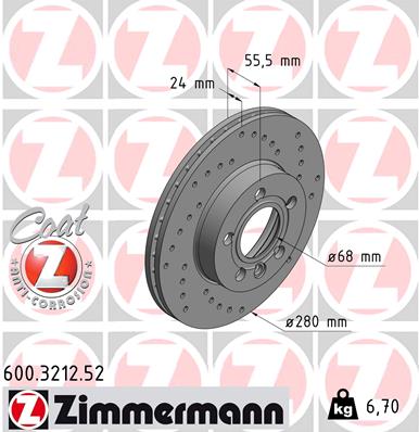 ZIMMERMANN Bremseskive 600321252 foraksel perforeret 280mm 24mm for VAG