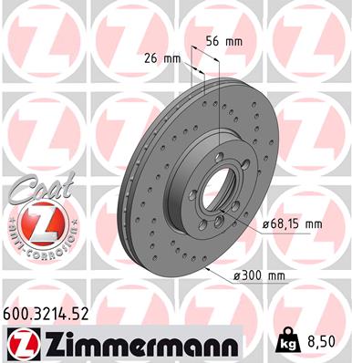 ZIMMERMANN Bremseskive 600321452 foraksel perforeret 300mm 26mm for VAG