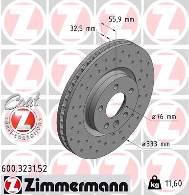 ZIMMERMANN Bremseskive 600323152 foraksel perforeret 333mm 32mm for VAG