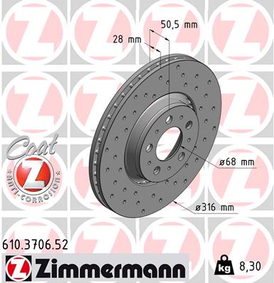 ZIMMERMANN Bremseskive 610370652 foraksel perforeret 316mm 28mm for VOLVO VOLVO ASIA
