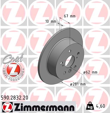ZIMMERMANN Bremseskive 590283220 bagaksel fuld 281mm 10mm for TOYOTA LEXUS