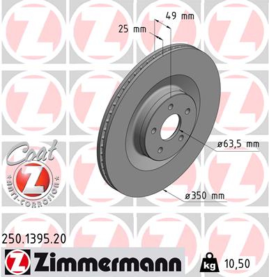 ZIMMERMANN Bremseskive 250139520 foraksel ventileret 350mm 25mm for FORD