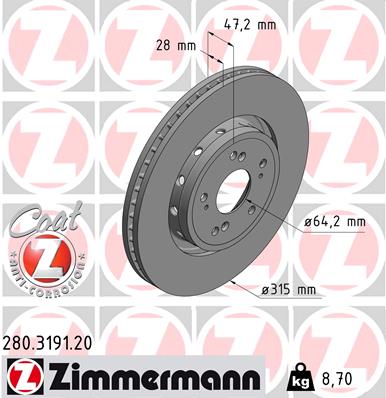 ZIMMERMANN Bremseskive 280319120 foraksel udvendig ventileret 315mm 28mm for HONDA
