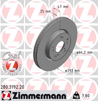 ZIMMERMANN Bremseskive 280319220 foraksel ventileret 293mm 25mm for HONDA