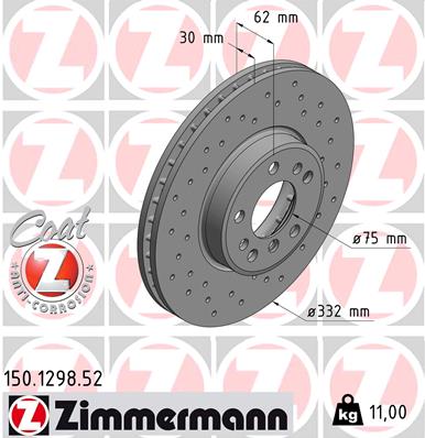 ZIMMERMANN Bremseskive 150129852 foraksel perforeret 332mm 30mm for BMW