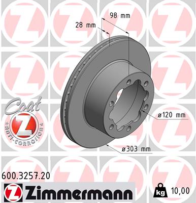 ZIMMERMANN Bremseskive 600325720 bagaksel ventileret 303mm 28mm for MAN VAG