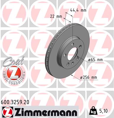 ZIMMERMANN Bremseskive 600325920 foraksel ventileret 256mm 22mm for VAG
