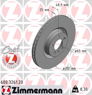 ZIMMERMANN Bremseskive 600326120 foraksel ventileret 312mm 25mm for VAG