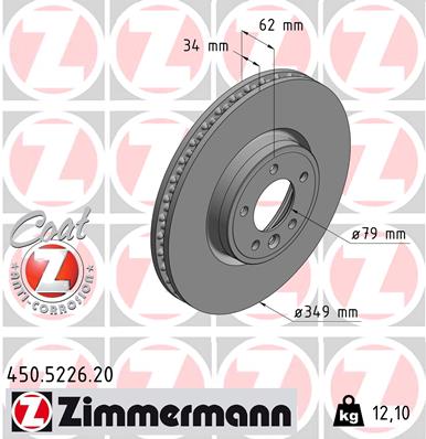 ZIMMERMANN Bremseskive 450522620 foraksel ventileret 349mm 34mm for LAND ROVER