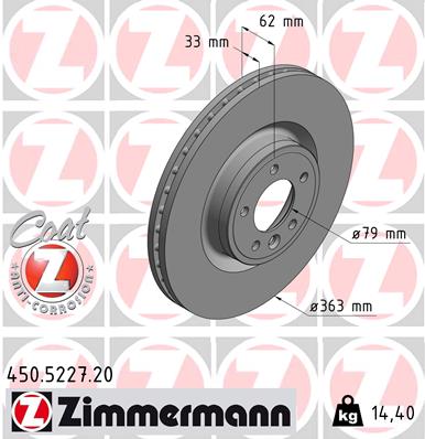 ZIMMERMANN Bremseskive 450522720 foraksel indvendig ventileret 363mm 33mm for LAND ROVER