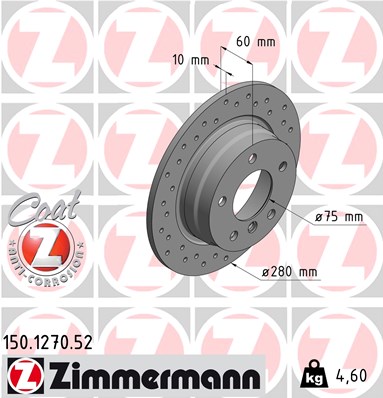 ZIMMERMANN Bremseskive 150127052 bagaksel perforeret 280mm 10mm for BMW