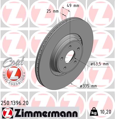 ZIMMERMANN Bremseskive 250139620 foraksel udvendig ventileret 335mm 25mm for FORD