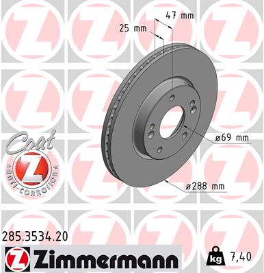 ZIMMERMANN Bremseskive 285353420 foraksel ventileret 288mm 25mm for HYUNDAI