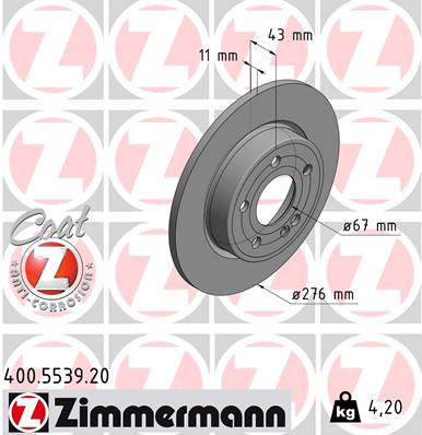 ZIMMERMANN Bremseskive 400553920 bagaksel fuld 276mm 11mm for MERCEDES-BENZ