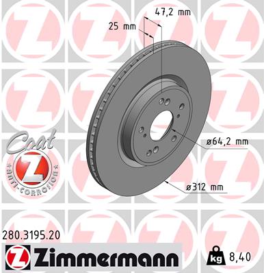 ZIMMERMANN Bremseskive 280319520 foraksel ventileret 312mm 25mm for HONDA