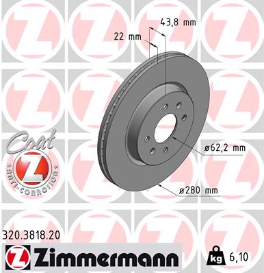 ZIMMERMANN Bremseskive 320381820 foraksel ventileret 280mm 22mm for KIA