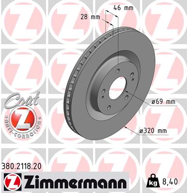 ZIMMERMANN Bremseskive 380211820 foraksel ventileret 320mm 28mm for MITSUBISHI