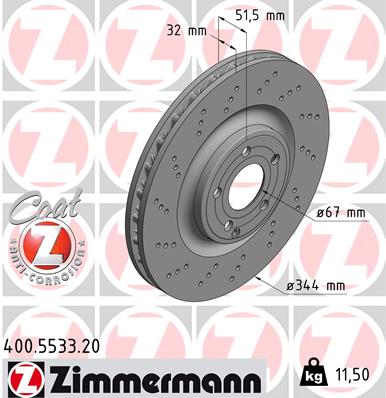 ZIMMERMANN Bremseskive 400553320 foraksel perforeret 344mm 32mm for MERCEDES-BENZ
