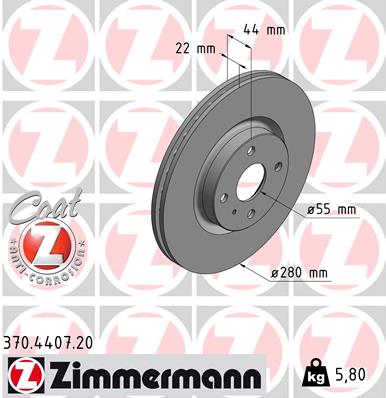 ZIMMERMANN Bremseskive 370440720 foraksel ventileret 280mm 22mm for ABARTH MAZDA