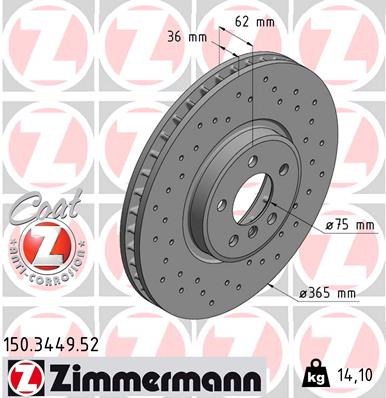 ZIMMERMANN Bremseskive 150344952 foraksel perforeret 365mm 36mm for BMW