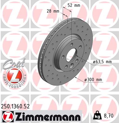ZIMMERMANN Bremseskive 250136052 foraksel perforeret 300mm 28mm for FORD VOLVO VOLVO (CHANGAN) LAND ROVER