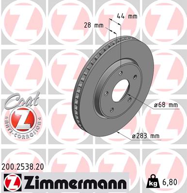 ZIMMERMANN Bremseskive 200253820 foraksel ventileret 283mm 28mm for NISSAN