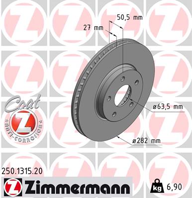 ZIMMERMANN Bremseskive 250131520 foraksel ventileret 282mm 27mm for FORD