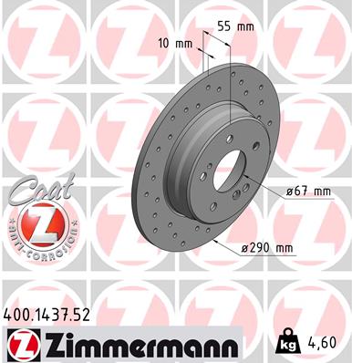 ZIMMERMANN Bremseskive 400143752 bagaksel perforeret 290mm 10mm for MERCEDES-BENZ