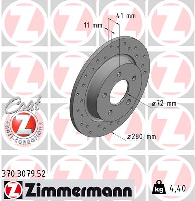 ZIMMERMANN Bremseskive 370307952 bagaksel perforeret 280mm 11mm for MAZDA