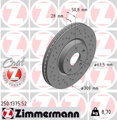 ZIMMERMANN Bremseskive 250137552 foraksel perforeret 300mm 28mm for FORD