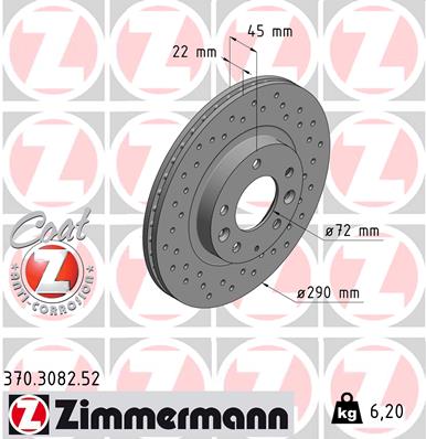 ZIMMERMANN Bremseskive 370308252 foraksel perforeret 290mm 22mm for MAZDA