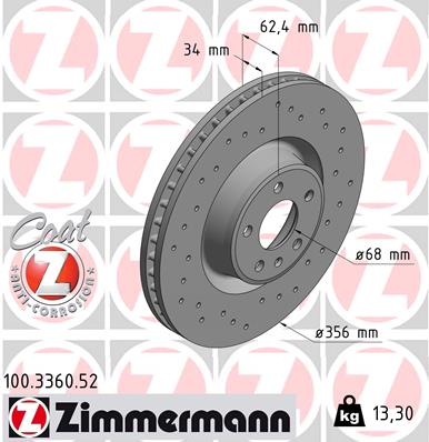 ZIMMERMANN Bremseskive 100336052 foraksel perforeret 356mm 34mm for AUDI