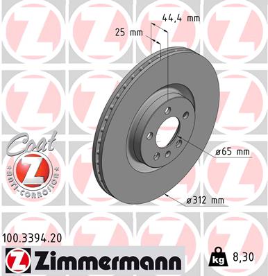 ZIMMERMANN Bremseskive 100339420 foraksel ventileret 312mm 25mm for AUDI