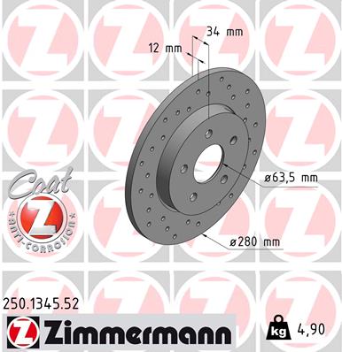 ZIMMERMANN Bremseskive 250134552 bagaksel perforeret 280mm 12mm for FORD JAGUAR