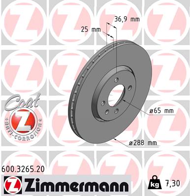 ZIMMERMANN Bremseskive 600326520 foraksel udvendig ventileret 288mm 25mm for VAG