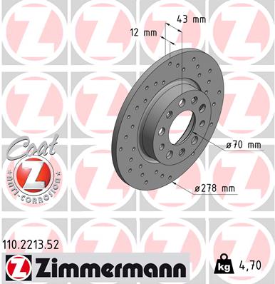 ZIMMERMANN Bremseskive 110221352 bagaksel perforeret 278mm 12mm for ALFA ROMEO JEEP FIAT JEEP (GAC FCA)