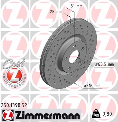 ZIMMERMANN Bremseskive 250139852 foraksel perforeret 316mm 28mm for FORD