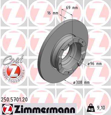 ZIMMERMANN Bremseskive 250570120 bagaksel fuld 308mm 16mm for FORD