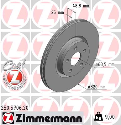 ZIMMERMANN Bremseskive 250570620 foraksel ventileret 320mm 25mm for FORD