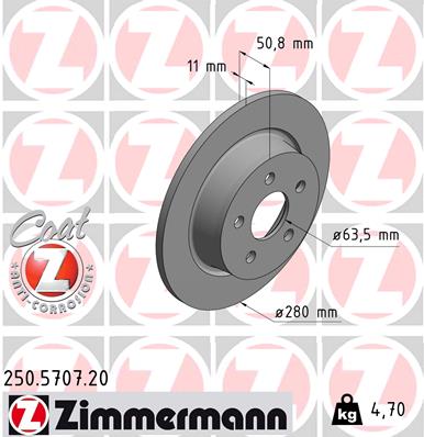 ZIMMERMANN Bremseskive 250570720 bagaksel fuld 280mm 11mm for FORD