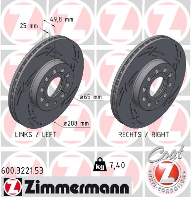ZIMMERMANN Bremseskive 600322153 foraksel lukket 288mm 25mm for VAG VW (SVW) SKODA (SVW) VW (FAW)