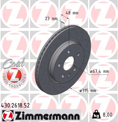 ZIMMERMANN Bremseskive 430261852 bagaksel perforeret 315mm 23mm for OPEL GENERAL MOTORS CHEVROLET CADILLAC