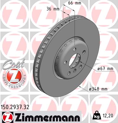 ZIMMERMANN Bremseskive 150293732 højre foraksel 348mm 36mm for BMW BMW (BRILLIANCE) TOYOTA