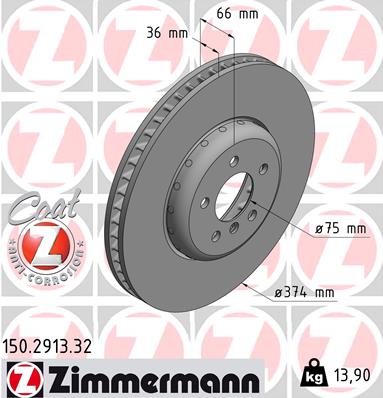 ZIMMERMANN Bremseskive 150291332 højre foraksel 374mm 36mm for BMW