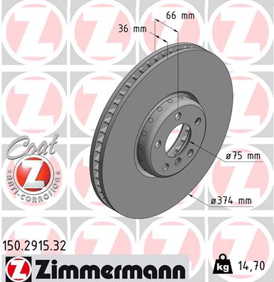 ZIMMERMANN Bremseskive 150291532 højre foraksel 374mm 36mm for BMW