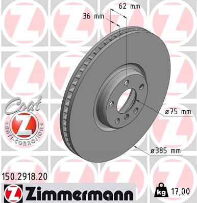 ZIMMERMANN Bremseskive 150291820 højre foraksel ventileret 385mm 36mm for BMW