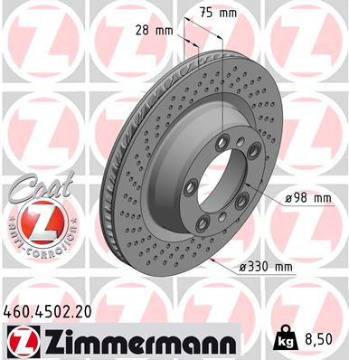 ZIMMERMANN Bremseskive 460450220 Bagaksel venstre perforeret 330mm 28mm for PORSCHE